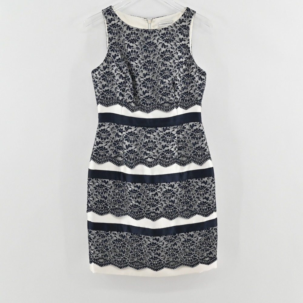 Katherine Kelly Lace Sheath Dress Womens Size 4 Black Ivory Cocktail Sleeveless - Picture 2 of 13